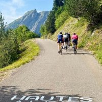 Group of riders, mountain view, Hautes Alpes road decoration